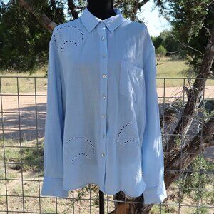 Calypso St. Barth Womens Blue Eyelet Shell Button Down Shirt Size XL Island Vibe